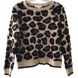 NWT Planet Gold Sweater Womens L Beige Black Leopard Print Fuzzy Knit Crewneck